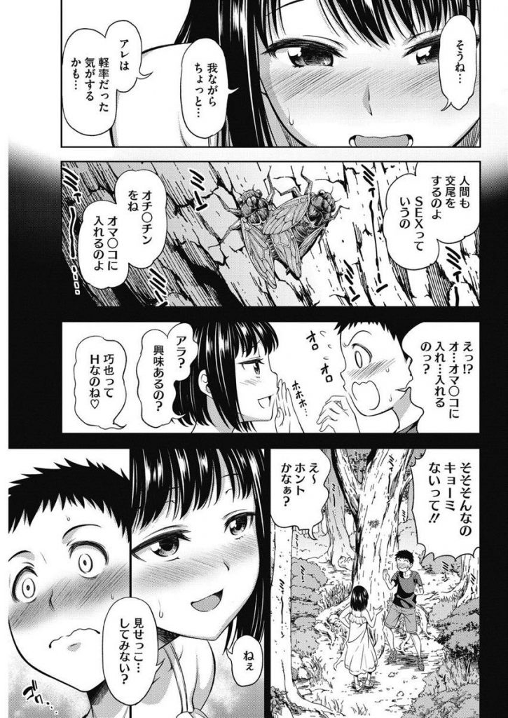 【エロ漫画】子供の頃に幼馴染とHな事をしようとしたのが親に見つかり離れ離れになっていた巨乳娘…久しぶりに再会して続きをしようと成長した身体を見せ合い野外でお互い初めての激しい中出しセックス【アスヒロ:セミの思い出】