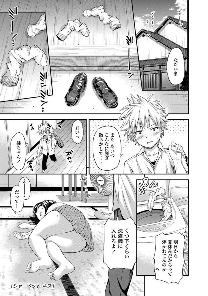 【エロ漫画】汗ばんで食い込んだ姉ちゃんのパンツに興奮...我慢できず手マンで気持ち良くさせて最後は生挿入して中出し【東野みかん:シャーベット・キス】