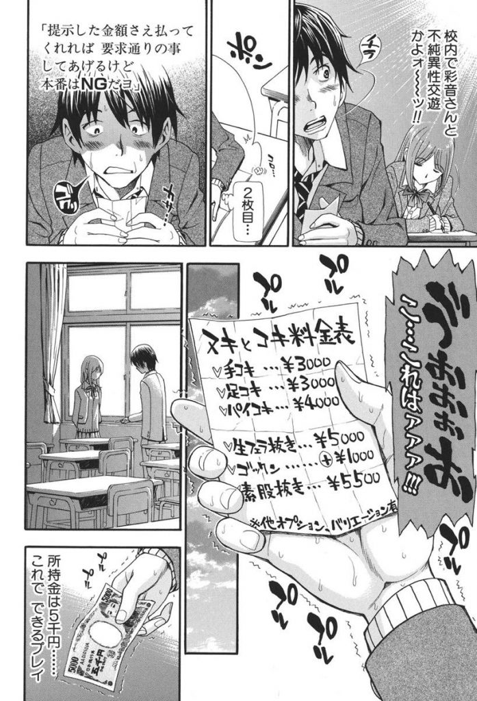 【エロ漫画】(1/2話)30万円で同級生に生中出し援交したけど？手コキからフェラから次第にエスカレートして膣内射精でどっぷりハマる【有人成徒:ヌキとコキ 前編】