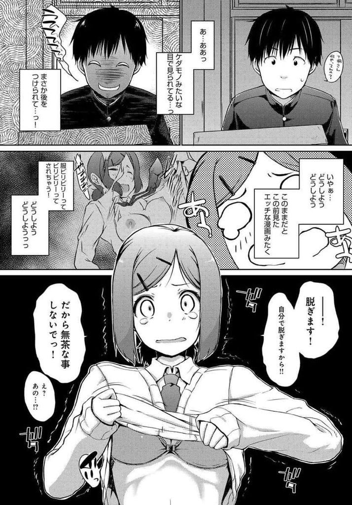 【エロ漫画】強姦されると思い込む妄想癖の強いJK...自らマンコにチンコを挿入して勝手に気持ち良くなって勝手に中出し【かいづか:したきり雀】