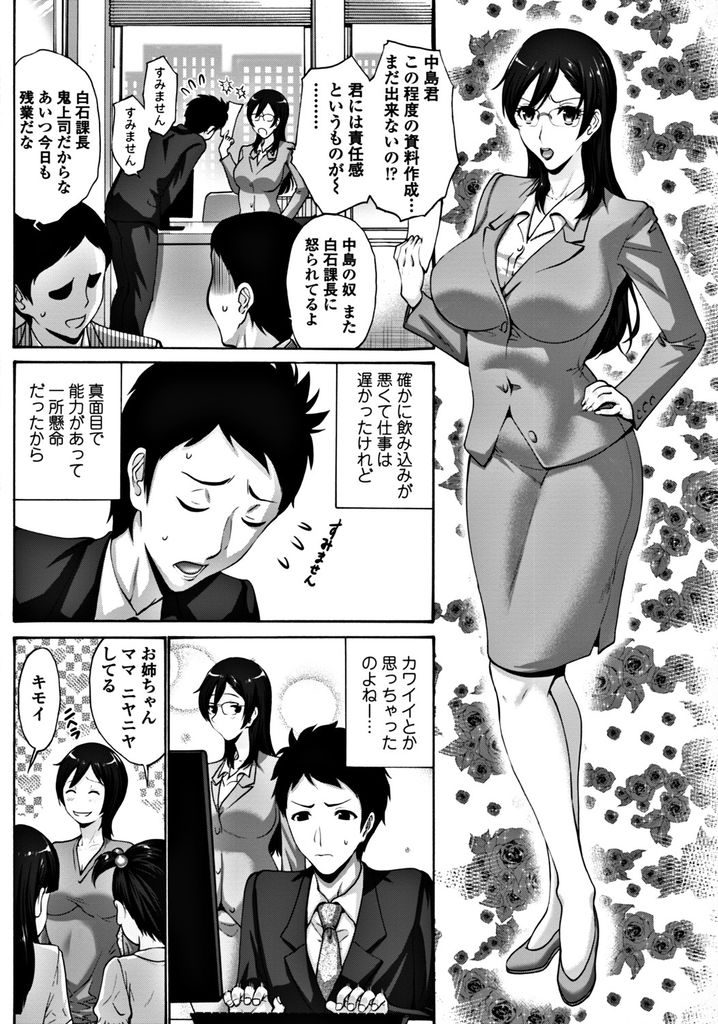 【エロ漫画】仕事のできない部下をカワイイと思ってHな関係になる爆乳上司...クンニでおしっこを漏らし部下の精液を飲まされ処女マンコに膣内射精【西川康:なれそめ】