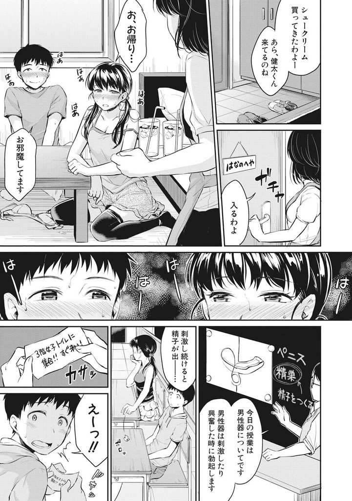 【エロ漫画】(1/3話)保健の授業に興味を持ち体を見せ合いっこしようとする幼馴染...膨らみかけのおっぱいを弄りお互い初めて中出しセックスでアへ堕ち【メガねぃ:今日、私ん家集合ね！ 前編】