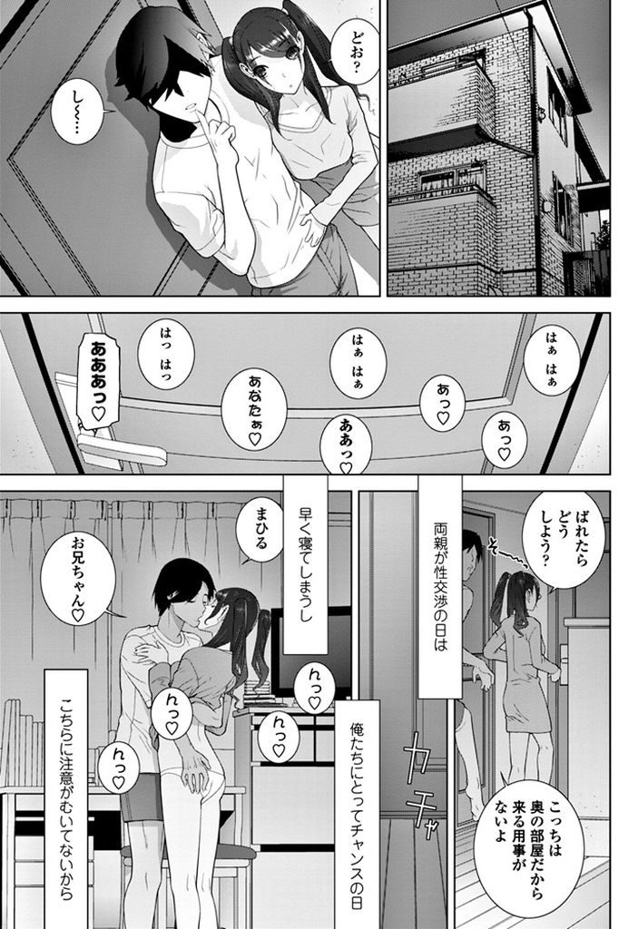 【エロ漫画】両親の再婚で家にやってきたツインテール義妹…両親の目を盗んでは義兄妹でセックスをしコンドームが無かった日についに中出しセックスをしてしまう【志乃武丹英:義妹家族計画】