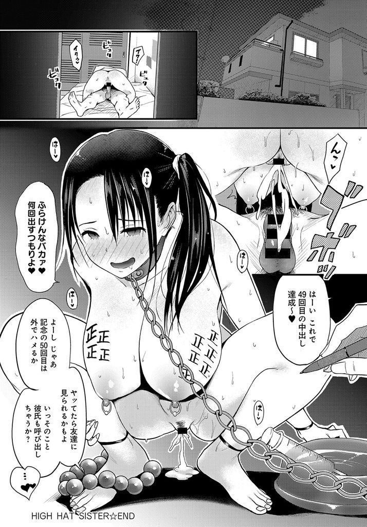 【エロ漫画】兄に弱みを握られチンコを扱かされる生意気ギャルな巨乳の妹…日に日にエスカレートして調教され自らチンコを求めて生で激しい中出しセックス【染岡ゆすら:HIGH HAT SISTER】