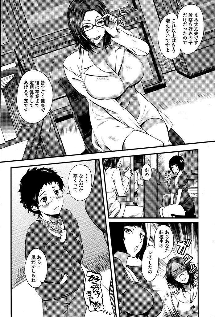 【エロ漫画】少し怪我をしただけで男子生徒にHな診察をする巨乳メガネな保健の先生…好みのショタっ子を逃さず筆下ろしして激しい中出しセックス【はんぺら:保健のせんせいの診察】