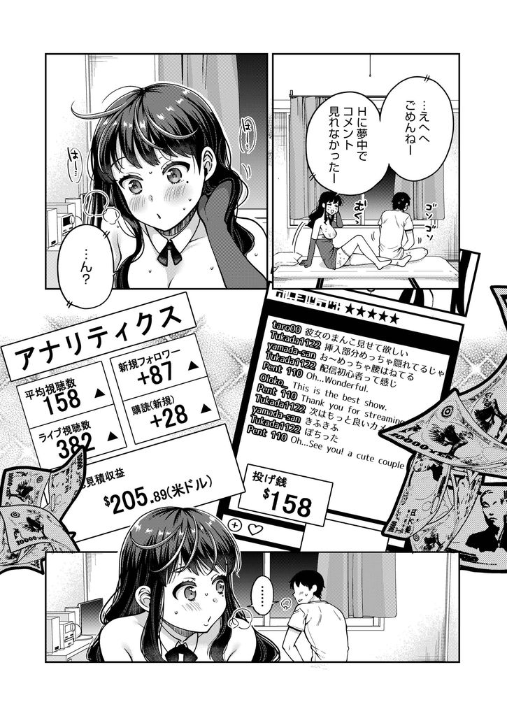 【エロ漫画】旅行資金を稼ぐためにバニーの格好をして彼氏とHの生配信をする巨乳JK…初回は失敗するものの視聴者の投げ銭で改善し玩具責めしながら激しい中出しセックス【成田コウ:楽して稼ご♡】