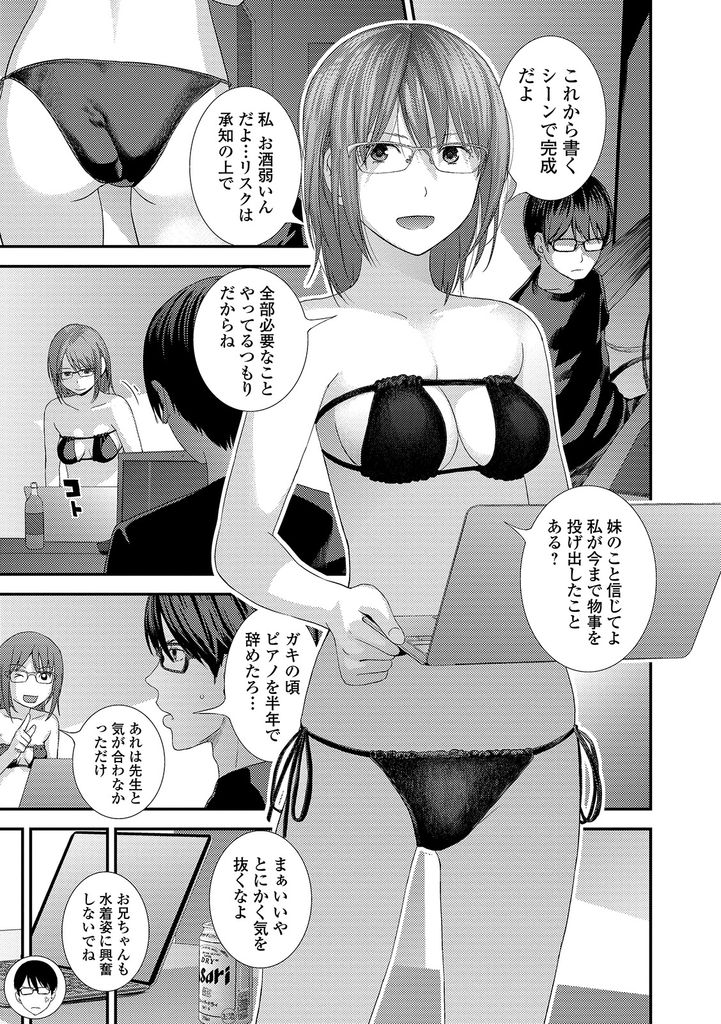 【エロ漫画】シンクロして恥ずかしいシーンの小説を書こうと水着姿になる巨乳メガネの妹…お酒に酔って手伝ってくれた兄に迫りラブシーンを再現するつもりが激しいセックスに発展【吉田鳶牡:創作禁止事項】