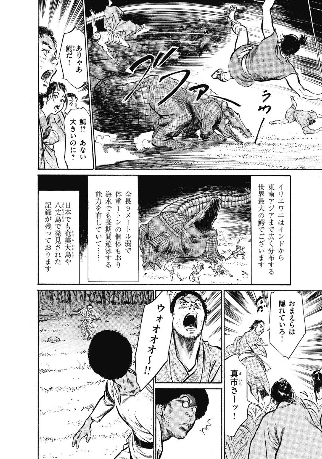 【エロ漫画】芸者の小染を仲間に入れて無人島で生活する花那と真市…海賊が島に占領し始め、真市が海賊と対峙するが運がいい事に鰐が現れて、奴らを蹴散らすのだった。その晩、花那に求められて二人はセックスする！クンニで丹念にオマンコを濡らして対面座位でお互いを求め合う。【八月薫:むすび島 浮世艶草子 七話……魂産霊の島】