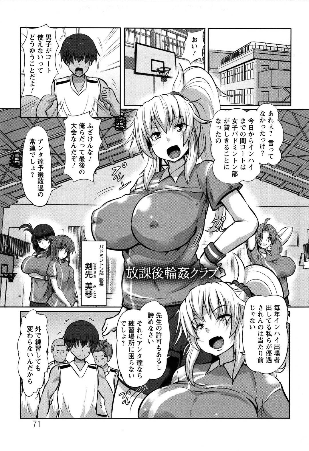 【エロ漫画】体育館を占領した事で他の部の男子たちの怒りを買ってしまった女子バドミントン部員達…睡眠薬を盛られた彼女たちは更衣室で男たちに拘束されて次々とイラマさせられたり、中出しされたりする。【くもえもん:放課後輪姦クラブ】